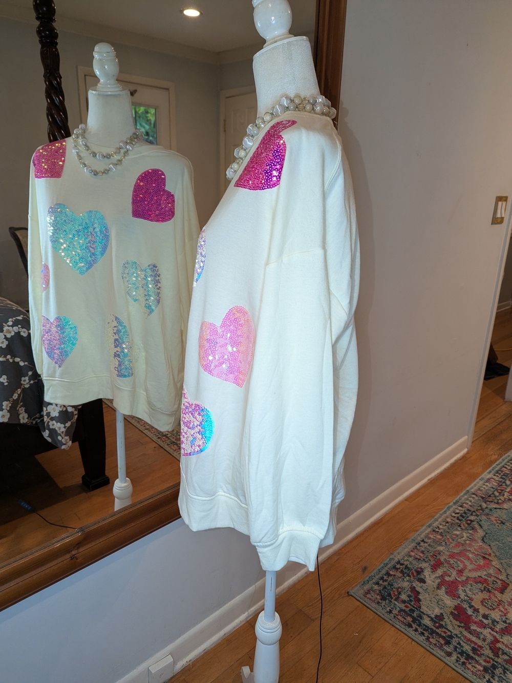 Oversized Sequin Heart Crewneck Sweater - Ivory with Pink & Turquoise Hearts - Picture 3 of 13